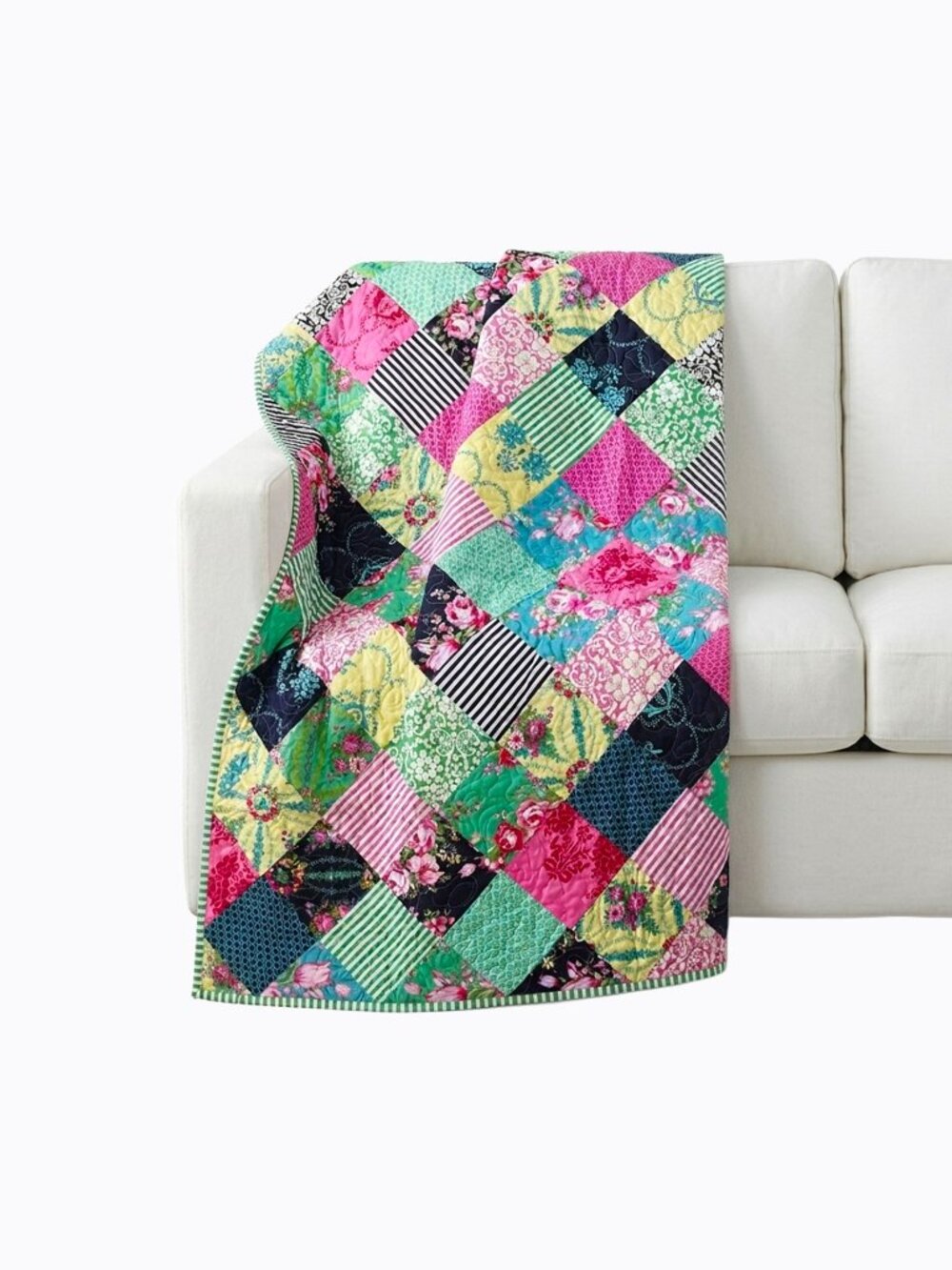 Vibrant Patchwork Quilt Throw 53x53 Reversible Pink Floral Geometric Cottagecore - Picture 2 of 10